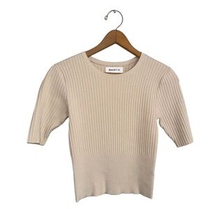 Bailey 44 Womens Beige Ribbed Knit Short Sleeve Crew Neck Sweater Top S? RN75343